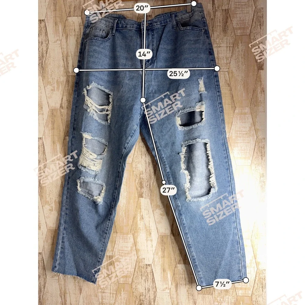 SHEIN Women 2XL Jeans Blue Distressed‎ Ripped High Rise Raw Hem Straight Leg
